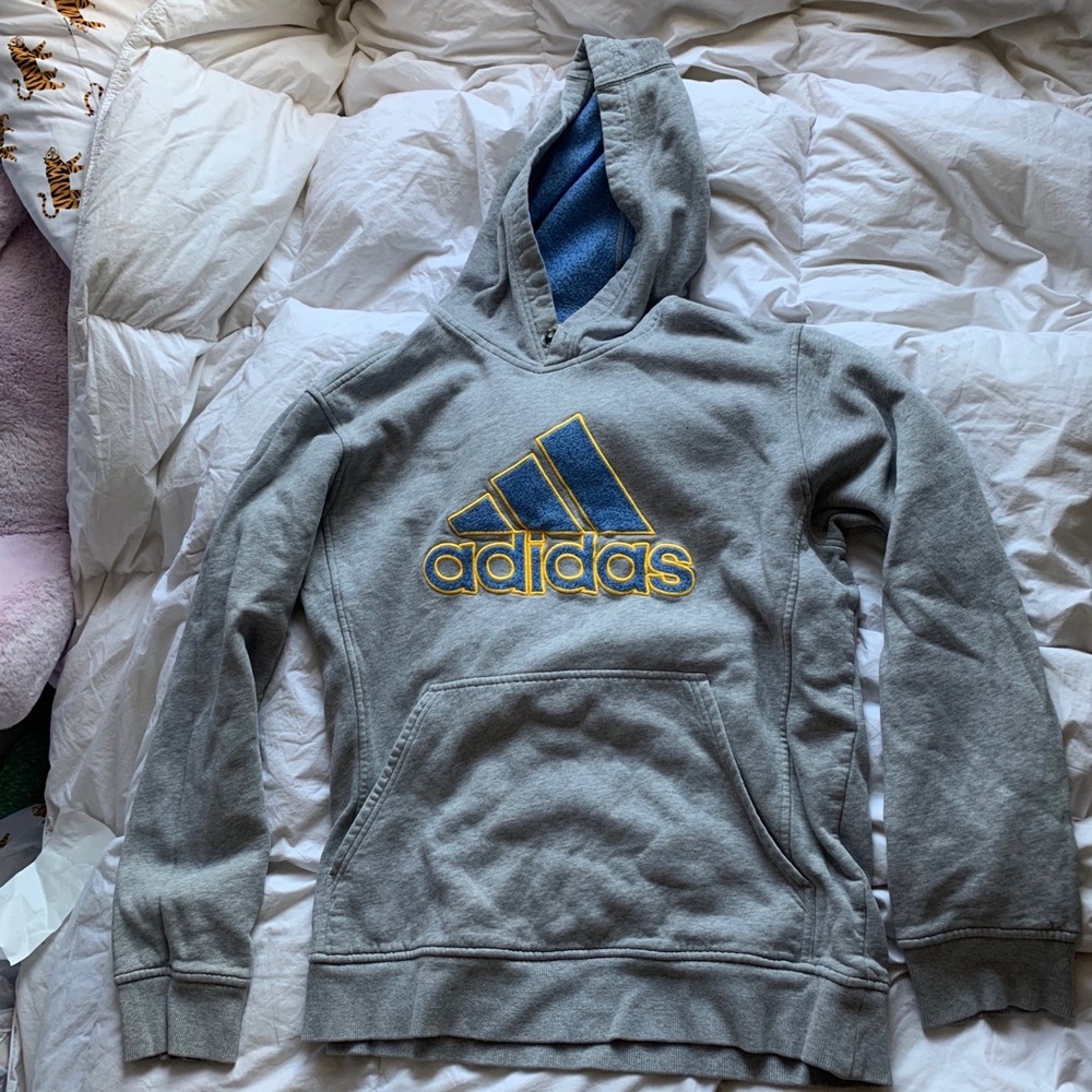 gray and blue adidas hoodie